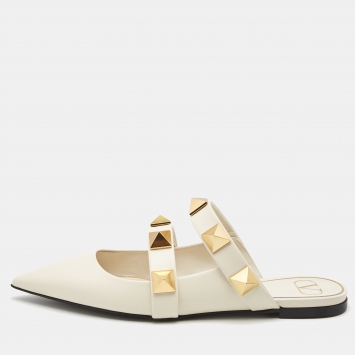 Pre Owned Valentino White Leather Roman Stud Flat Mules Size 40 