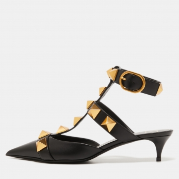 Pre Owned Valentino Black Leather Roman Stud Ankle Cuff Pointed Toe Pumps Size 38