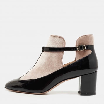 Pre Owned Valentino Black/Beige Velvet and Patent Leather Ankle Boots Size 38