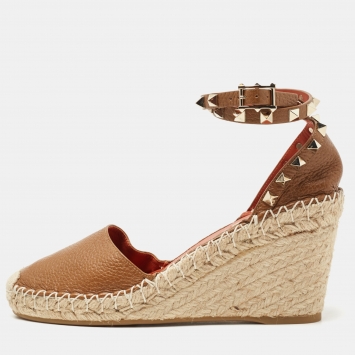 Pre Owned Valentino Brown Leather Rockstud Wedge Ankle Strap Sandals Size 37
