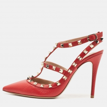 Pre Owned Valentino Red Leather Rockstud Ankle Strap Pumps Size 38.5