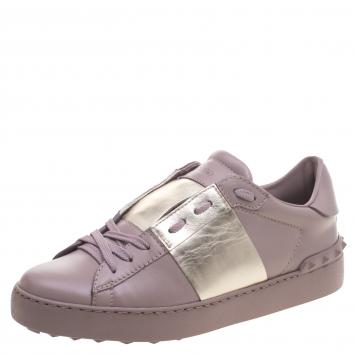 Pre Owned Valentino Blush Pink And Gold Band Leather Open Low Top Sneakers Size 40