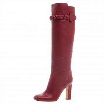 Pre Owned Valentino Red Leather Braided Over the Knee Boots Size 38.5