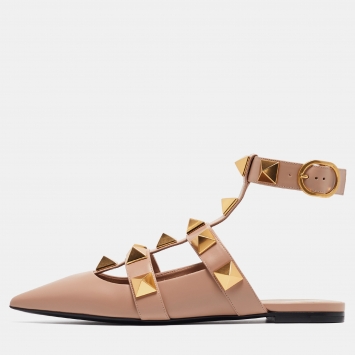 Pre Owned Valentino Dusty Pink Leather Roman Stud Ankle Strap Flats Size 39