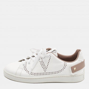 Pre Owned Valentino White/Beige Leather Perforated V Backnet Sneakers Size 37