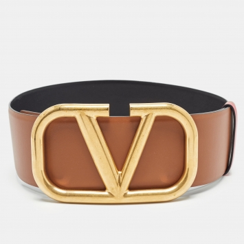 Pre Owned Valentino Brown/Black Leather VLogo Buckle Waist Belt 70 CM