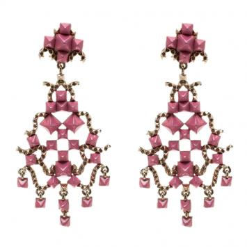 Pre Owned Valentino Pink Enamel Rockstud Long Dangle Clip-on Earrings