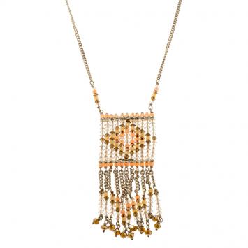 Pre Owned Valentino Multicolor Beaded Geometric Fringe Gold Tone Chain Necklace