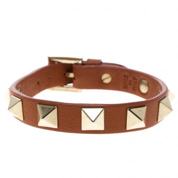 Pre Owned Valentino Rockstud Orange Leather Gold Tone Bracelet