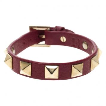 Pre Owned Valentino Rockstud Burgundy Leather Gold Tone Bracelet