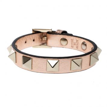Pre Owned Valentino Rockstud Metallic Leather Gold Tone Narrow Bracelet