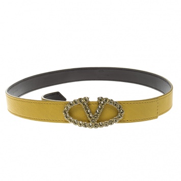 Pre Owned Valentino Yellow Leather Crystal Embellished Logo Platino Belt 95cm