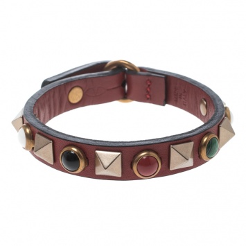 Pre Owned Valentino Rolling Rockstud Burgundy Leather Bracelet 