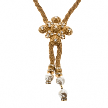 Pre Owned Valentino Crystal & Faux Pearl Coiled Rope Gold Tone Bolo Mesh Chain Necklace