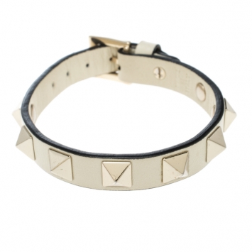 Pre Owned Valentino Rockstud Cream Leather Gold Tone Bracelet