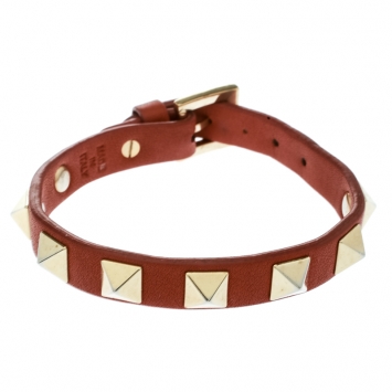 Pre Owned Valentino Rockstud Orange Leather Gold Tone Bracelet