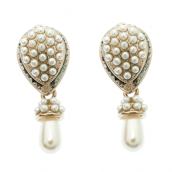 Pre Owned Valentino Faux Pearl Gold Tone Clip-on Drop Earrings