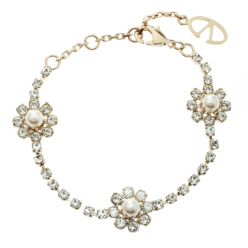 Pre Owned Valentino Faux Pearl Crystal Embellished Gold Tone Flower Bracelet