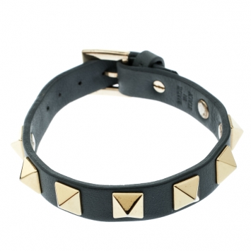 Pre Owned Valentino Rockstud Grey Leather Gold Tone Bracelet