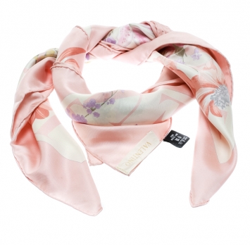 Pre Owned Valentino Off White and Pink Floral Printed Silk Square Scarf