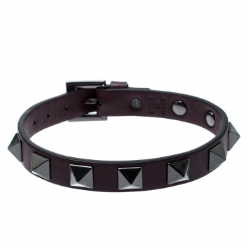 Pre Owned Valentino Rockstud Wine Leather Gunmetal Tone Bracelet