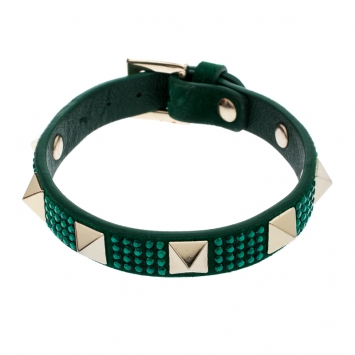 Pre Owned Valentino Emerald Green Suede Crystal Embellished Rockstud Bracelet