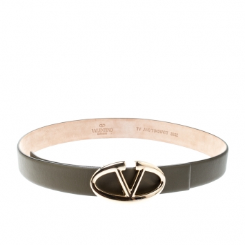 Pre Owned Valentino Olive Green Leather Logo Platino Belt 80CM