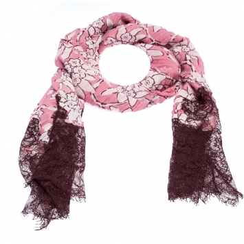 Pre Owned Valentino Pink Floral Printed Lace & Cashmere Blend Scarf