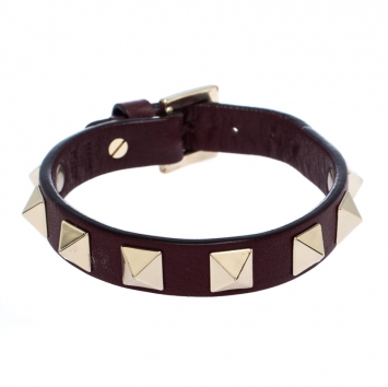 Pre Owned Valentino Rockstud Burgundy Leather Gold Tone Bracelet