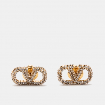 Pre Owned Valentino Gold Tone Crystal VLogo Stud Earrings