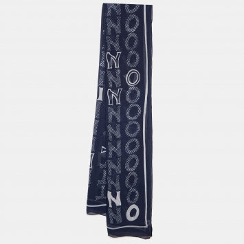Pre Owned Valentino Dark Blue Logo Print Silk Stole