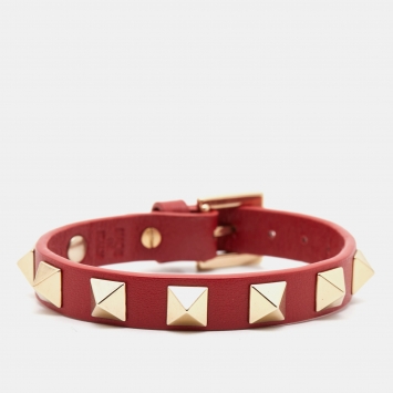 Pre Owned Valentino Rockstud Leather Gold Tone Bracelet