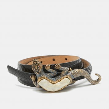 Pre Owned Valentino Black Watersnake Leather Lizard Buckle Slim Belt 90CM