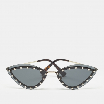 Pre Owned Valentino Black/Gold VA 2033 Crystals Rimless Cat Eye Sunglasses