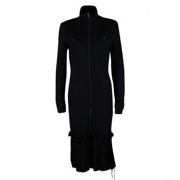 Pre Owned Valentino Black Wool Pleated Bottom Hem Detail Long Sleeve Dress L