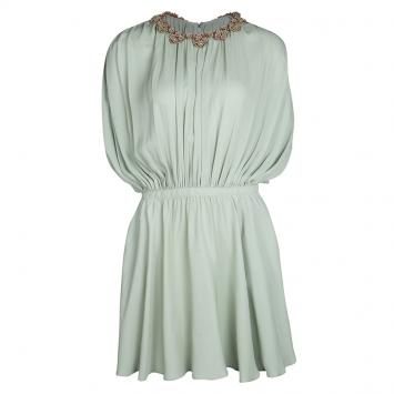 Pre Owned Valentino Pastel Green Silk Embellished Neck Detail Sleeveless Gathered Dress S