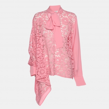 Valentino Pink Silk Lace Neck Tie Blouse S