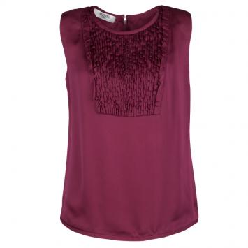 Pre Owned Valentino Burgundy Silk Satin Textured Yoke Detail Sleeveless Top M