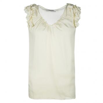 Pre Owned Valentino Pastel Yellow Silk Ruffle and Bow Detail Sleeveless Top M