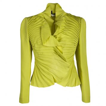 Pre Owned Valentino Yellow Silk Pleated Ruffle Front Jacket M