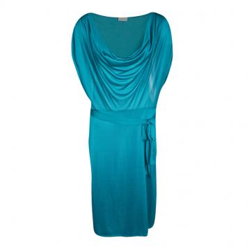 Pre Owned Valentino Blue Knit Cowl Neck Belted Dress L