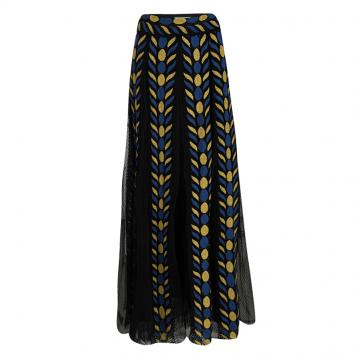 Pre Owned Valentino Black Pleated Organza Contrast Chenille Embroidered Maxi Skirt  M