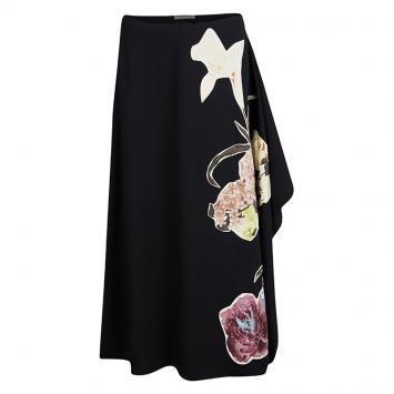 Pre Owned Valentino Black Wool Floral Applique Detail Asymmetric Midi Skirt M