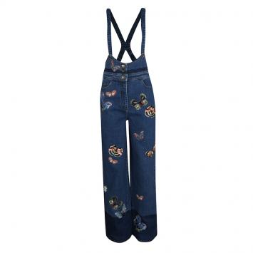 Pre Owned Valentino Indigo Butterfly Embroidered Denim Bib Overalls M