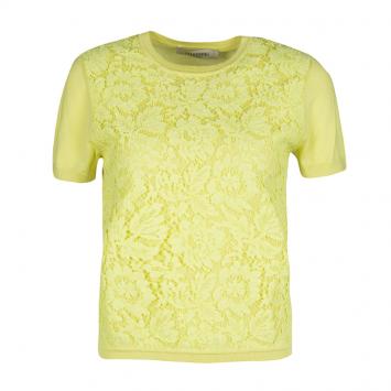 Pre Owned Valentino Yellow Wool Blend Lace Overlay Short Sleeve Top M