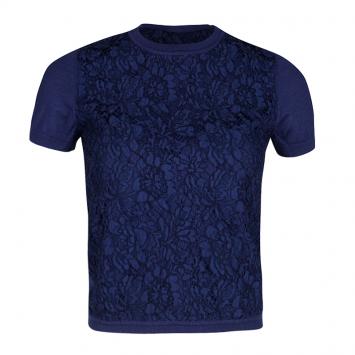 Pre Owned Valentino Navy Blue Wool Blend Lace Overlay Short Sleeve Top S