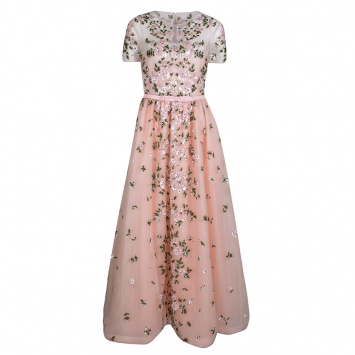 Pre Owned Valentino Pink Floral Embellished Belted Tulle Gown M
