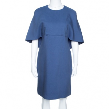 Pre Owned Valentino Blue Silk Wool Cape Dress M