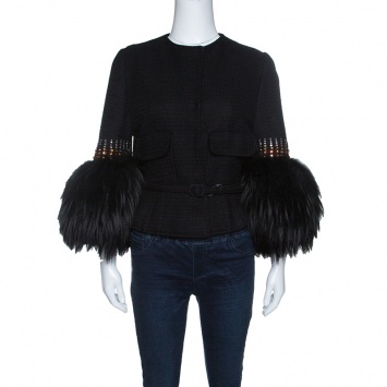 Pre Owned Valentino Black Knit Embellished Faux Fur Cuffed Belted Cropped Jacket M