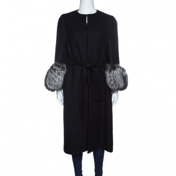 Pre Owned Valentino Black Wool Blend Fox Fur Trim Belted Overcoat M